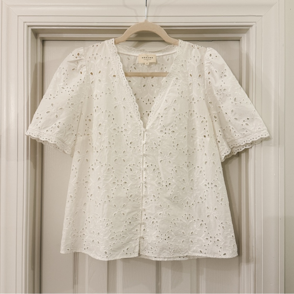 Sezane White Eyelet Lace V-Neck Shirt - Picture 5 of 11